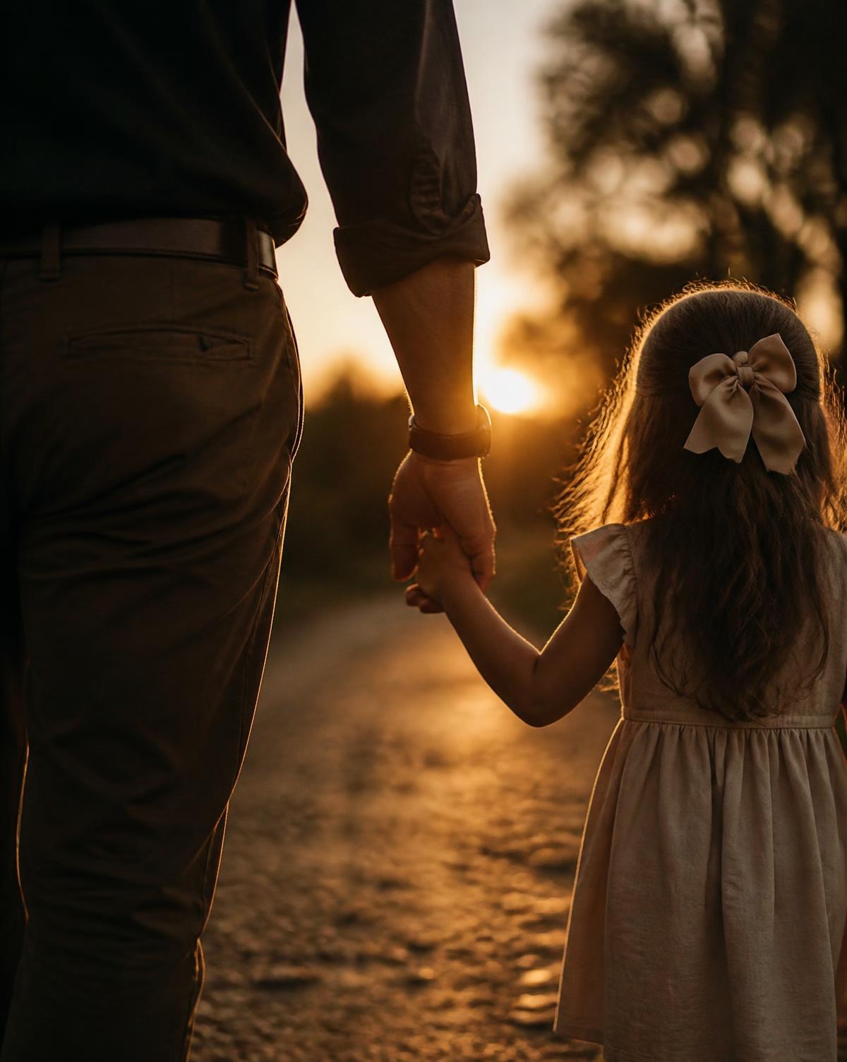 A father walking with his daughter at sunset