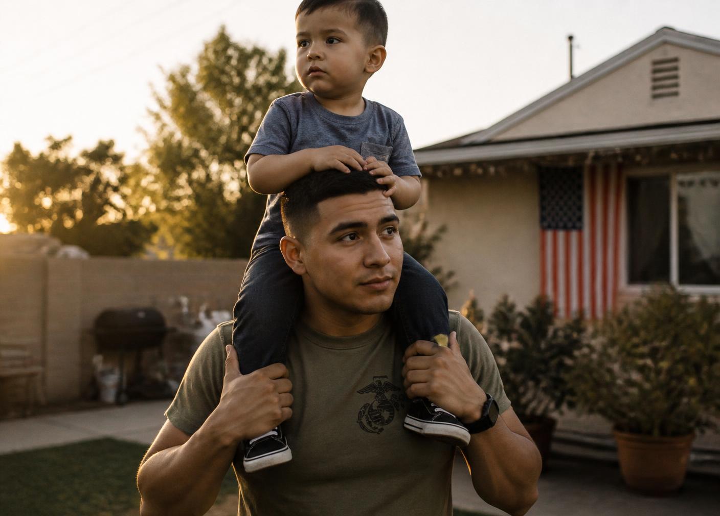 A young veteran carrying his son in the backyard at golden hour
